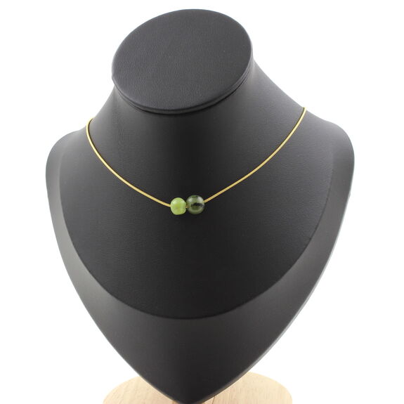 Jade Nephrite from Xiuyan China 2 beads necklace. Golden stainless steel chain