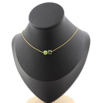 Jade Nephrite from Xiuyan China 2 beads necklace. Golden stainless steel chain