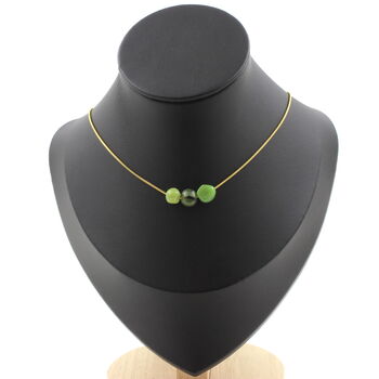 Jade Nephrite from Xiuyan China 3 beads necklace. Golden stainless steel chain