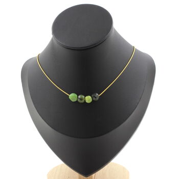 Jade Nephrite from Xiuyan China 4 beads necklace. Golden stainless steel chain