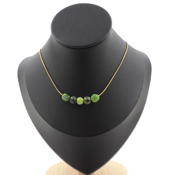 Jade Nephrite from Xiuyan China 5 beads necklace. Stainless steel chain
