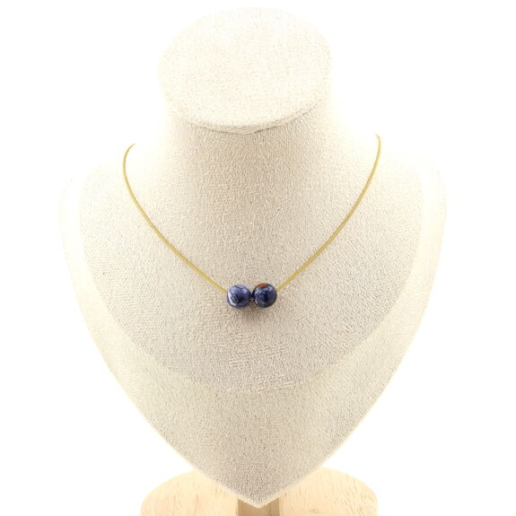Blue jasper 8 mm 2 beads necklace. Golden stainless steel chain