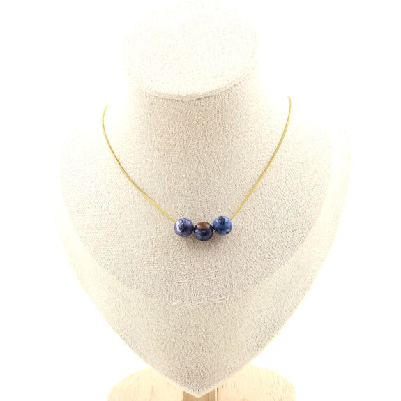 Blue jasper 8 mm 3 beads necklace. Golden stainless steel chain
