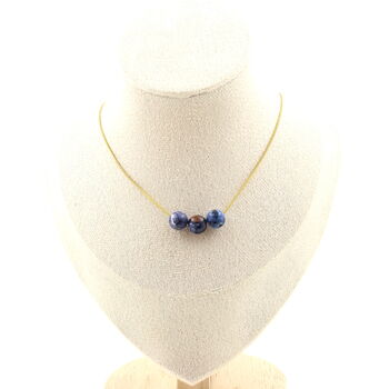 Blue jasper 8 mm 3 beads necklace. Golden stainless steel chain