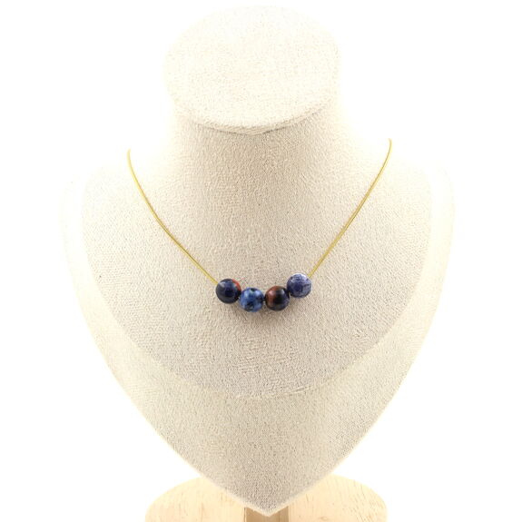 Blue jasper 8 mm 4 beads necklace. Golden stainless steel chain