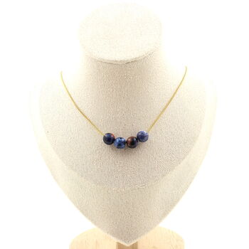 Blue jasper 8 mm 4 beads necklace. Golden stainless steel chain