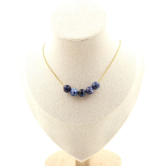 Blue jasper 8 mm 5 beads necklace. Golden stainless steel chain