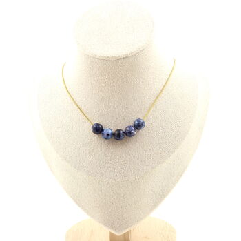 Blue jasper 8 mm 5 beads necklace. Golden stainless steel chain