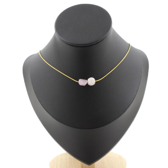 Kunzite from Brazil 2 beads necklace. Golden stainless steel chain