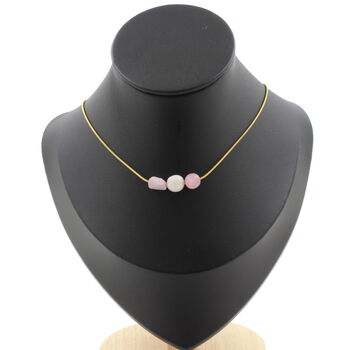 Kunzite from Brazil 3 beads necklace. Golden stainless steel chain