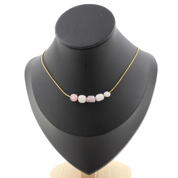 Kunzite from Brazil 5 beads necklace. Golden stainless steel chain