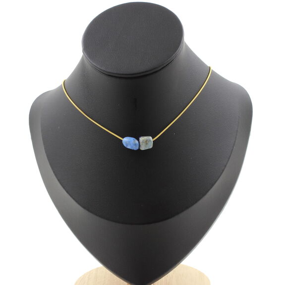 Lapis Lazuli from Pakistan 2 beads necklace. Golden stainless steel chain