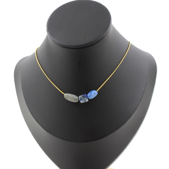 Lapis Lazuli from Pakistan 3 beads necklace. Golden stainless steel chain