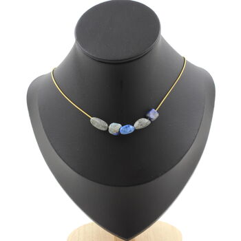 Lapis Lazuli from Pakistan 5 beads necklace. Golden stainless steel chain