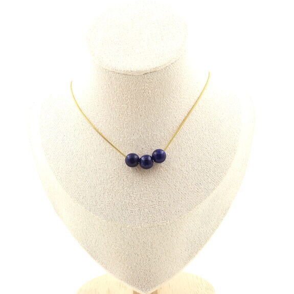 Lapis Lazuli from Pakistan quality 5A 8mm 3 beads necklace. Golden stainless steel chain