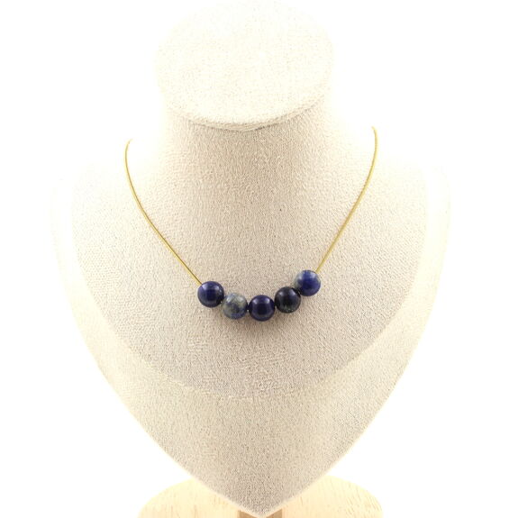 Collier 5 perles Lapis Lazuli 8 mm. Chaine en acier doré inoxydable