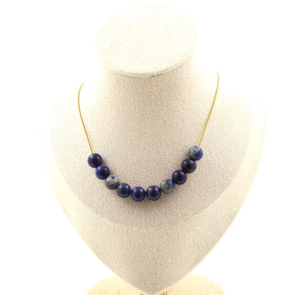 Collier 10 perles Lapis Lazuli 8 mm. Chaine en acier doré inoxydable