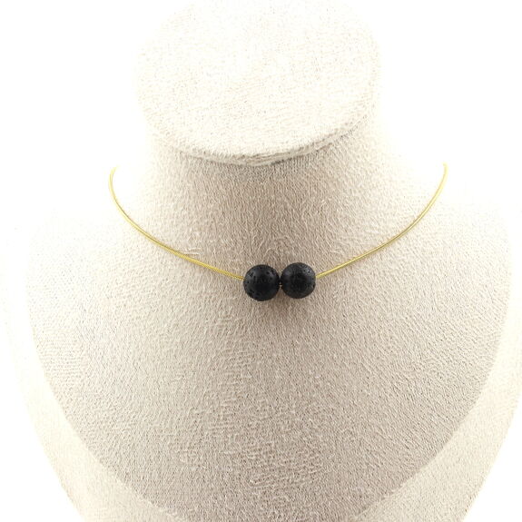 Collier 2 perles Lave 8 mm. Chaine en acier doré inoxydable