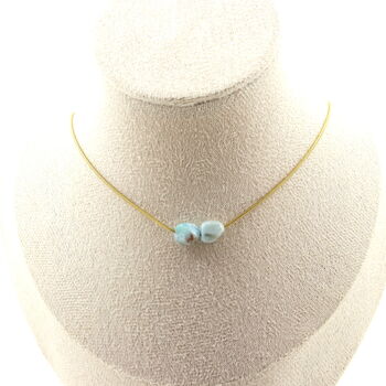Collier 2 perles Larimar de République Dominicaine. Chaine en acier doré inoxydable