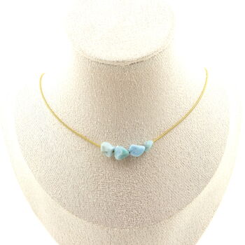 Collier 4 perles Larimar de République Dominicaine. Chaine en acier doré inoxydable