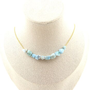 Collier 10 perles Larimar de République Dominicaine. Chaine en acier doré inoxydable