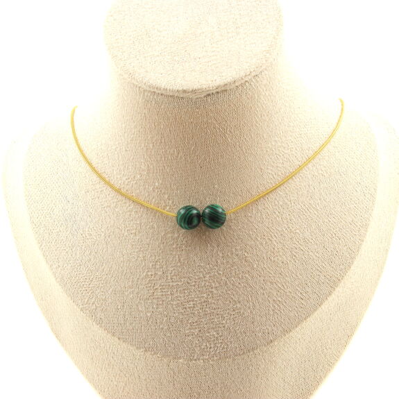 Collier 2 perles Malachite (avec résine) 8 mm. Chaine en acier doré inoxydable