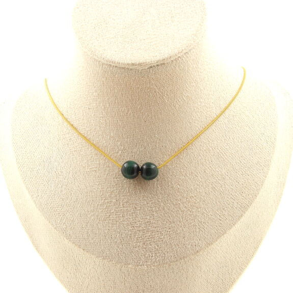 Collier 2 perles Malachite du Congo qualité 7A 8 mm. Chaine en acier doré inoxydable