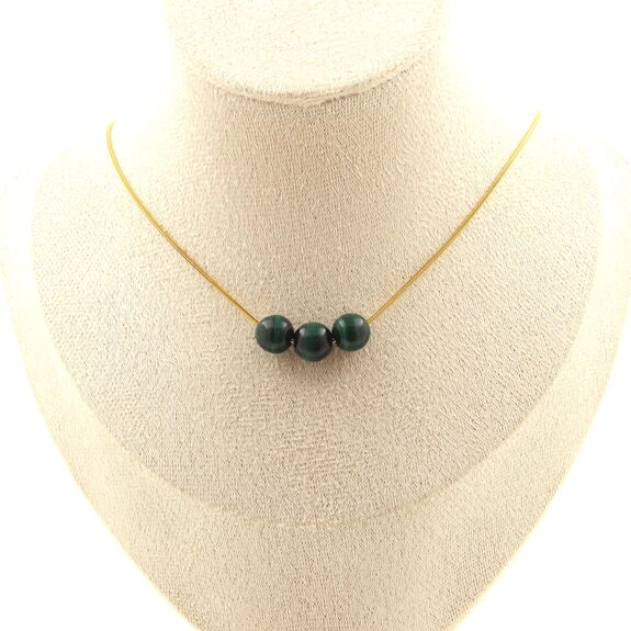 Collier 3 perles Malachite du Congo qualité 7A 8 mm. Chaine en acier doré inoxydable
