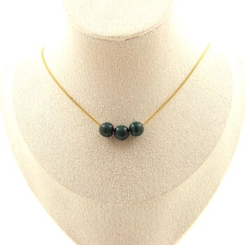 Malachite from Congo quality 7A 8 mm 3 beads necklace. Golden stainless steel chain
