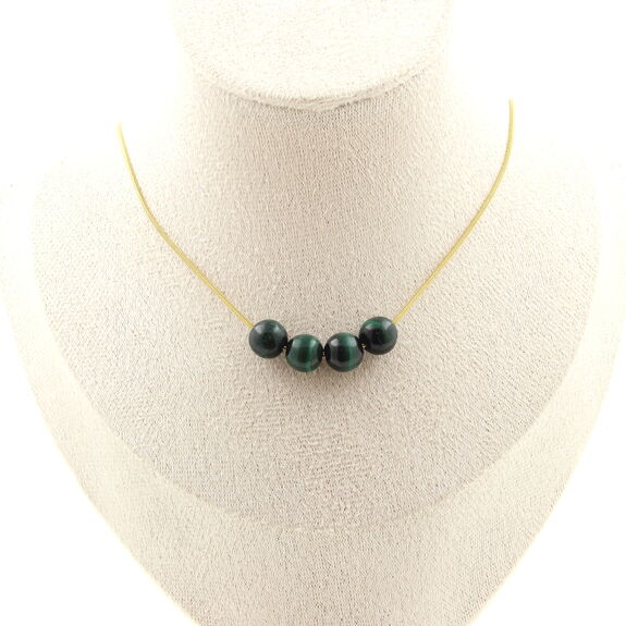 Collier 4 perles Malachite du Congo qualité 7A 8 mm. Chaine en acier doré inoxydable