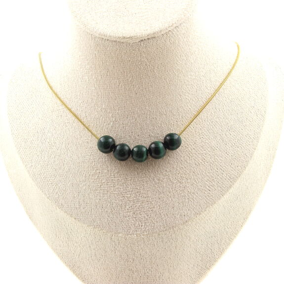 Collier 5 perles Malachite du Congo qualité 7A 8 mm. Chaine en acier doré inoxydable