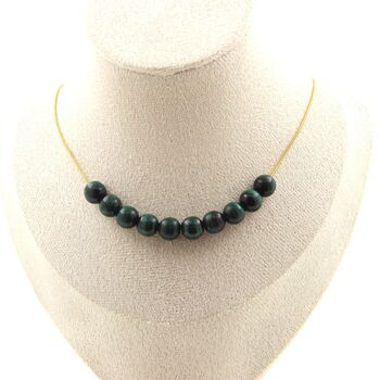 Collier 10 perles Malachite du Congo qualité 7A 8 mm. Chaine en acier doré inoxydable
