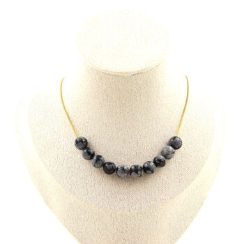 Snowflake Obsidian 8 mm 10 beads necklace. Golden stainless steel chain