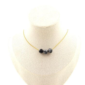 Snowflake Obsidian 8 mm 3 beads necklace. Golden stainless steel chain