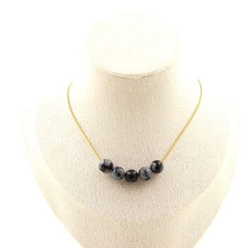 Snowflake Obsidian 8 mm 5 beads necklace. Golden stainless steel chain