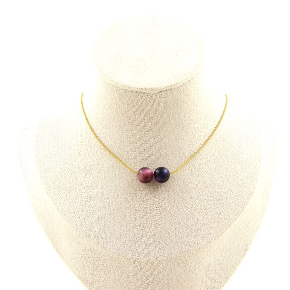 Two-tone Fuschia Tiger's Eye 8 mm 2 beads necklace. Golden stainless steel chain