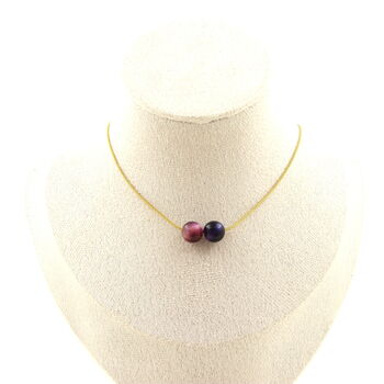 Two-tone Fuschia Tiger's Eye 8 mm 2 beads necklace. Golden stainless steel chain