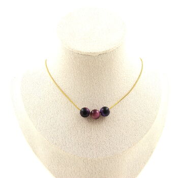 Two-tone Fuschia Tiger's Eye 8 mm 3 beads necklace. Golden stainless steel chain