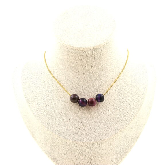 Two-tone Fuschia Tiger's Eye 8 mm 4 beads necklace. Golden stainless steel chain