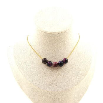Two-tone Fuschia Tiger's Eye 8 mm 5 beads necklace. Golden stainless steel chain