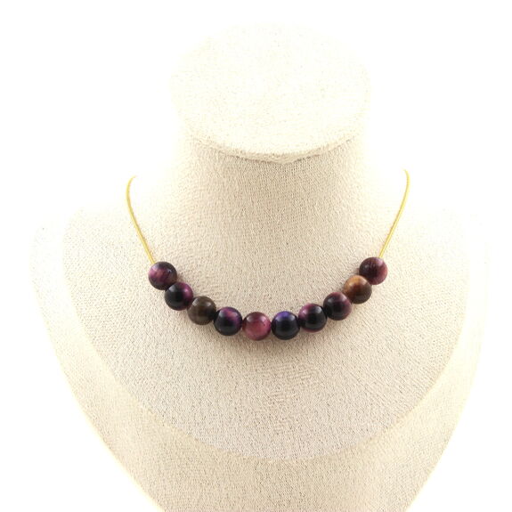 Two-tone Fuschia Tiger's Eye 8 mm 10 beads necklace. Golden stainless steel chain