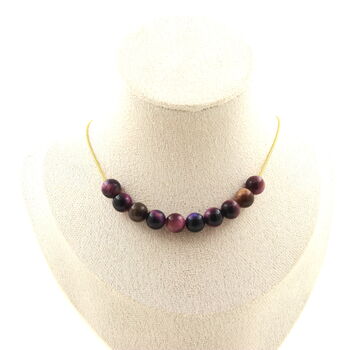 Two-tone Fuschia Tiger's Eye 8 mm 10 beads necklace. Golden stainless steel chain