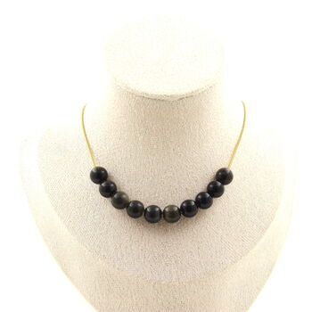 Collier 10 perles Obsidienne dorée 8 mm. Chaine en acier doré inoxydable