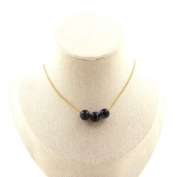 Hawk Eye 8 mm 3 beads necklace. Golden stainless steel chain