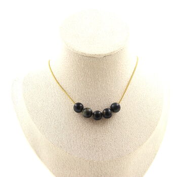 Hawk Eye 8 mm 5 beads necklace. Golden stainless steel chain