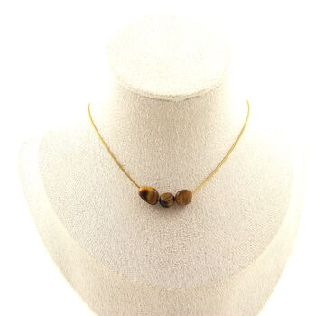 Tiger's Eye from South Africa 3 beads necklace. Golden stainless steel chain