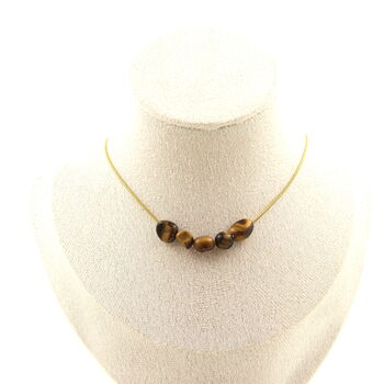 Tiger's Eye from South Africa 5 beads necklace. Golden stainless steel chain