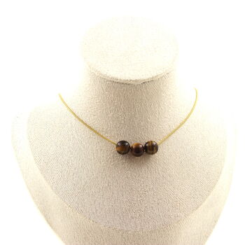 Tiger's Eye 8 mm 3 beads necklace. Golden stainless steel chain