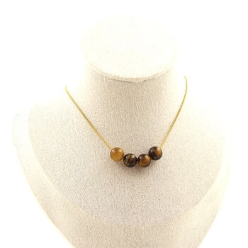Tiger's Eye 8 mm 4 beads necklace. Golden stainless steel chain