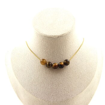 Tiger's Eye 8 mm 5 beads necklace. Golden stainless steel chain
